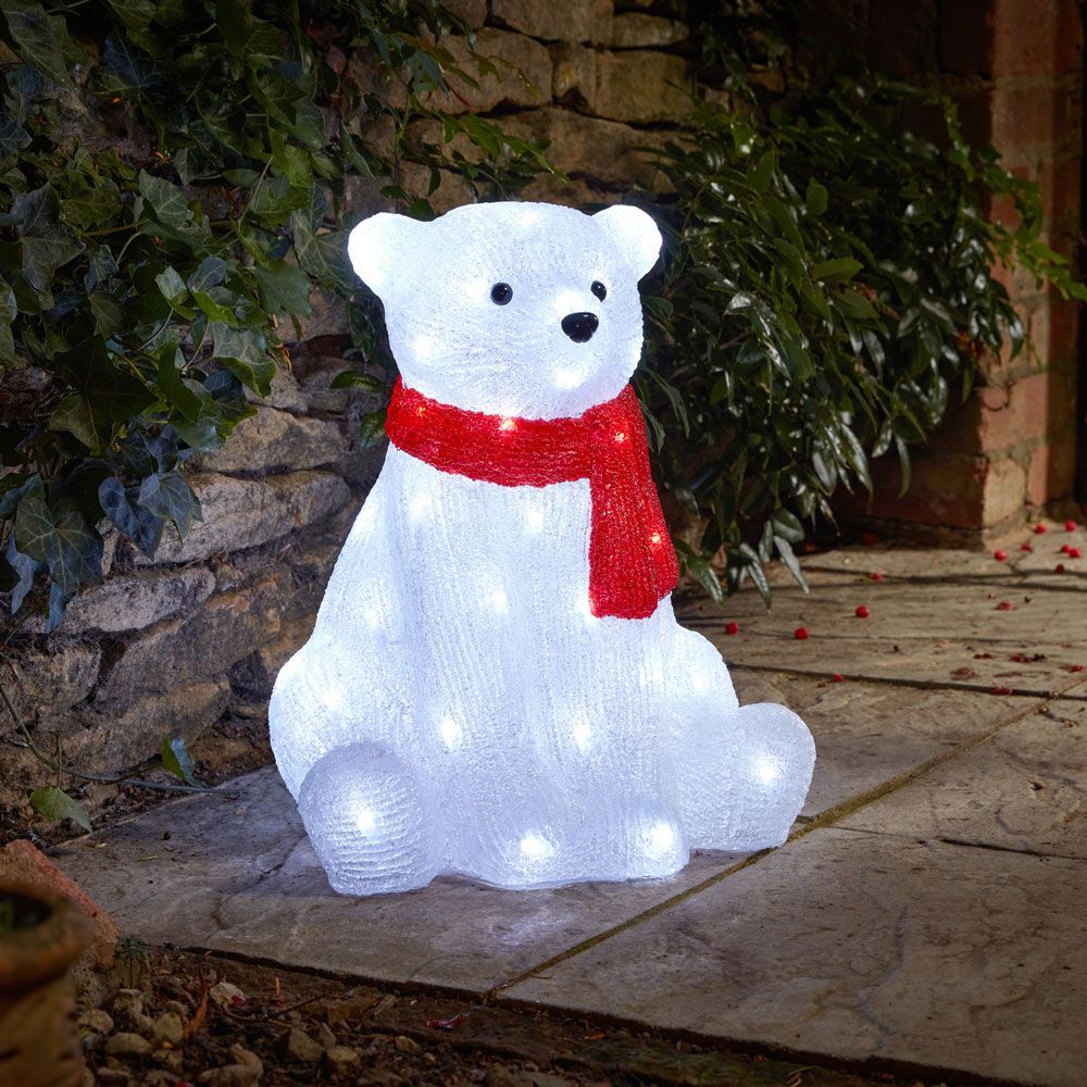 Acrylic Illuminated Ice Polar Bear with Red Scarf 44cm