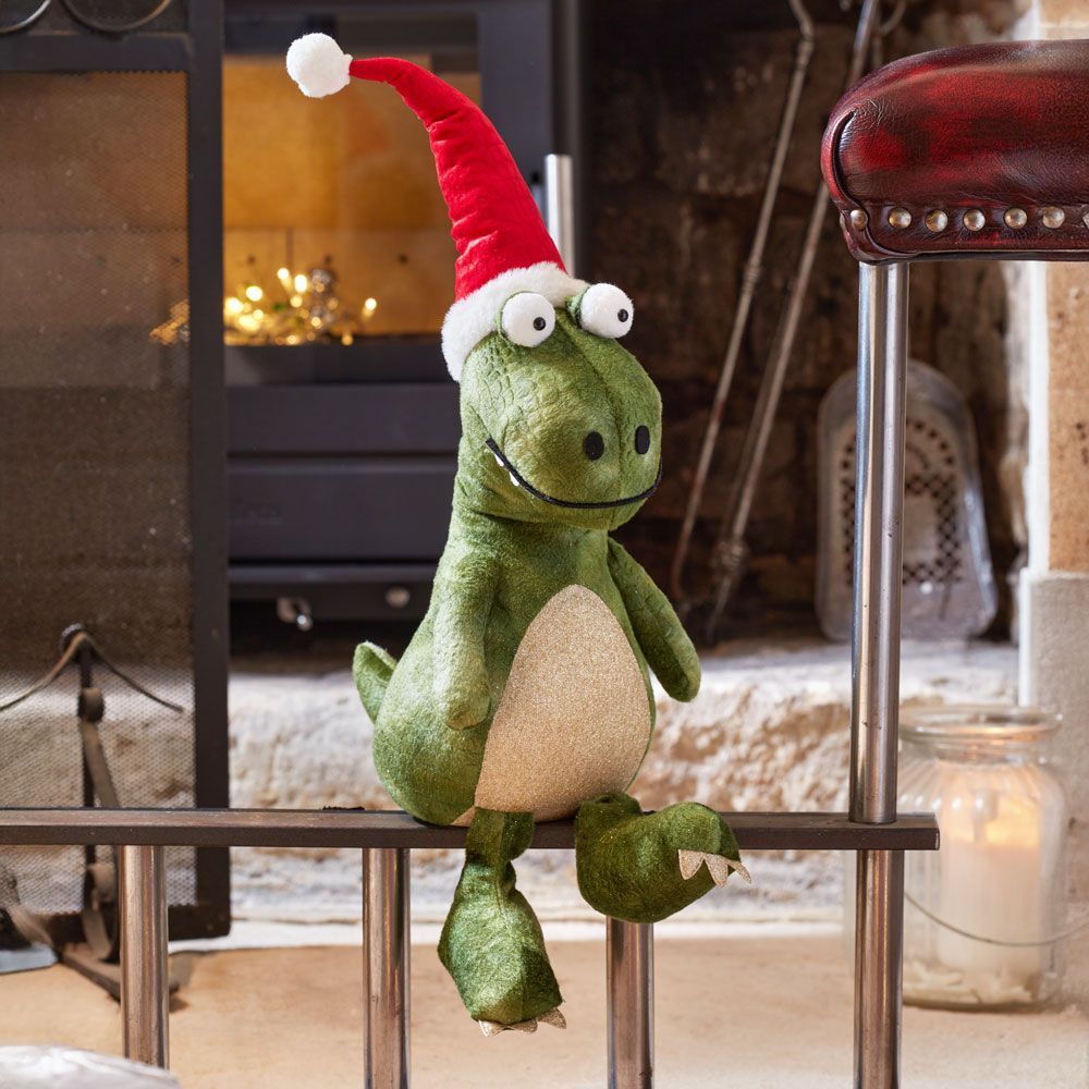 Green Seated Festive Dino with Red Santa Hat 45cm