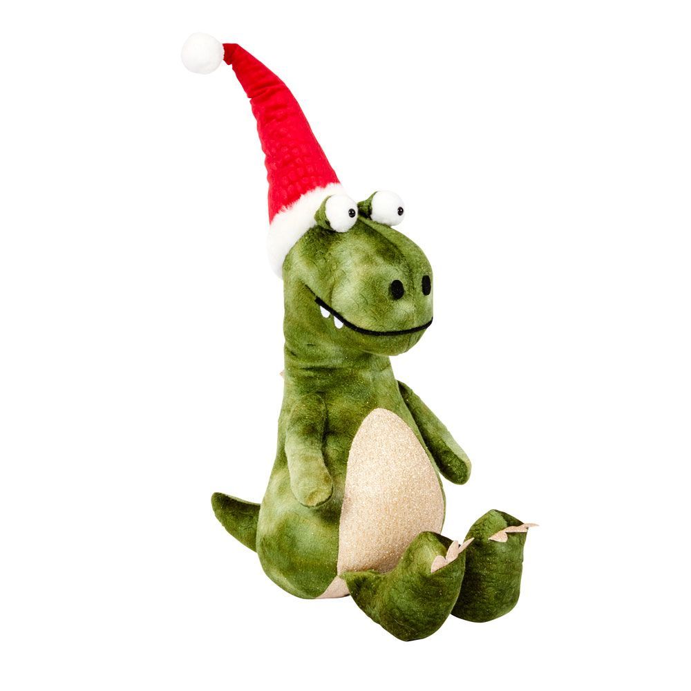 Green Seated Festive Dino with Red Santa Hat 45cm