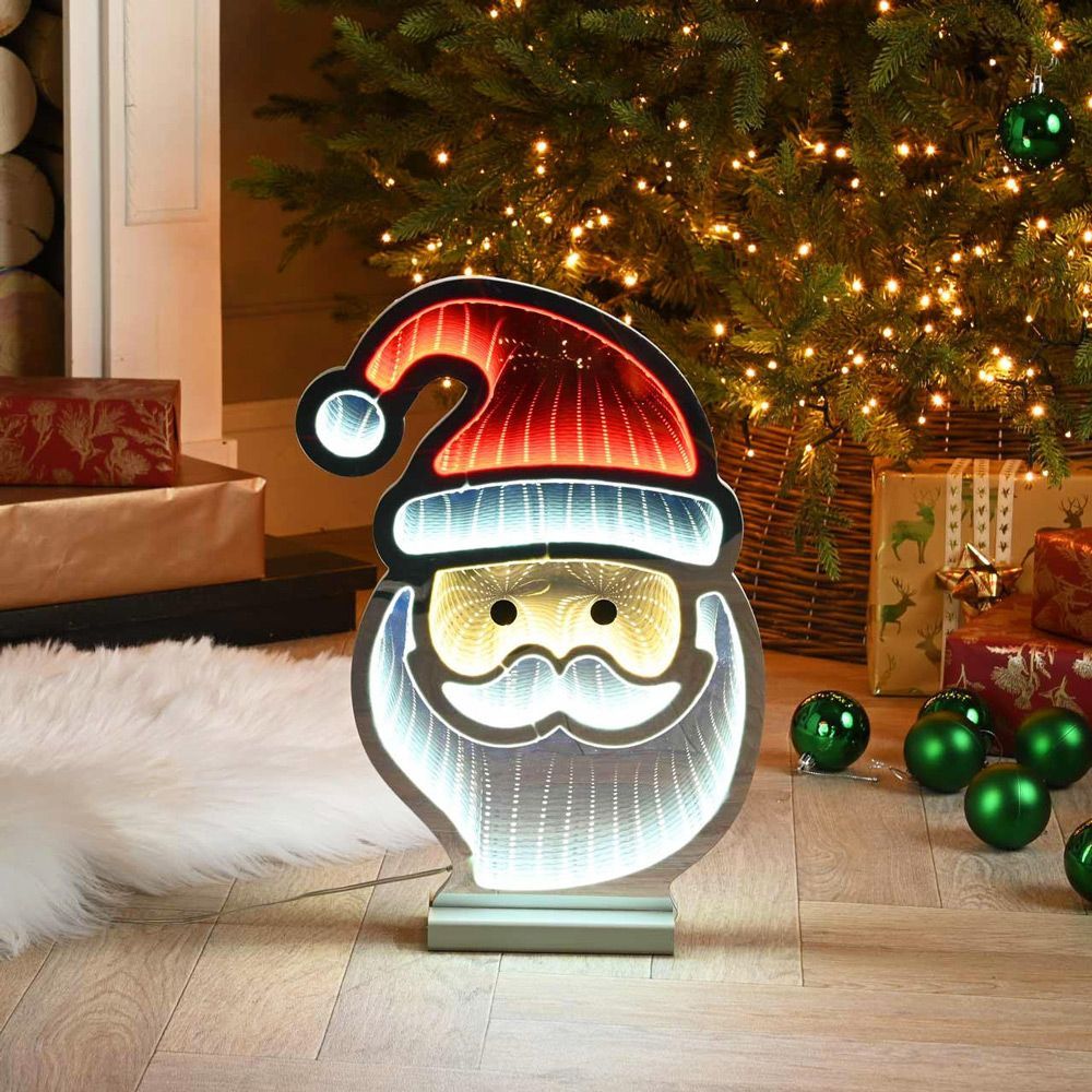 Festive Santa Face Infinity Light on Wood Base 40cm