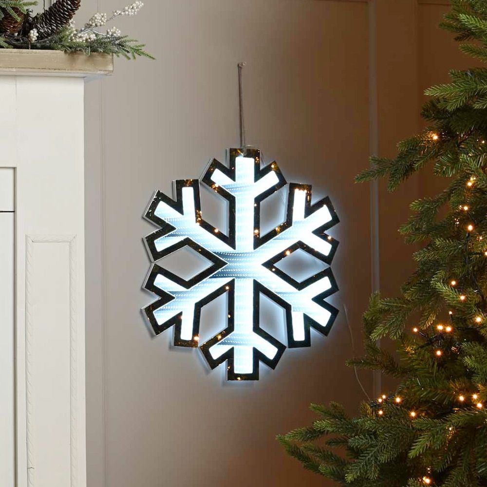 Festive Hanging Snowflake Infinity Light on Wood Base 40cm