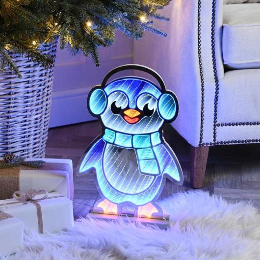 Festive Penguin with Earmuffs Infinity Light on Wood Base 40cm