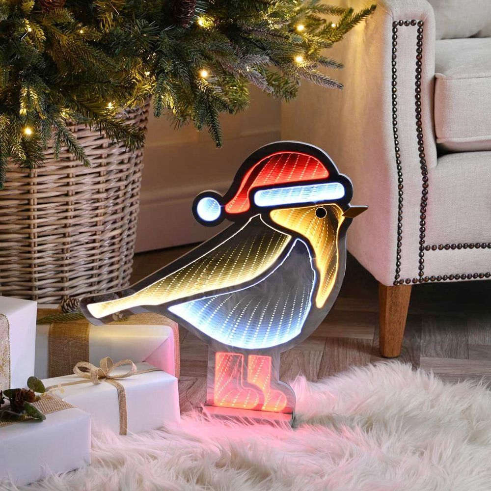 Festive Robin with Red Boots Infinity Light on Wood Base 40cm