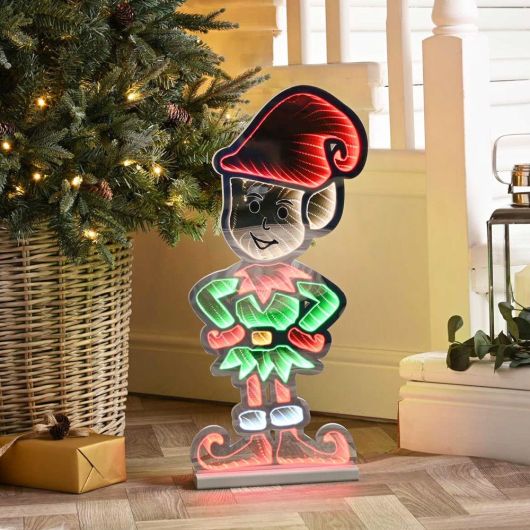 Festive Standing Elf Infinity Light on Wood Base 60cm