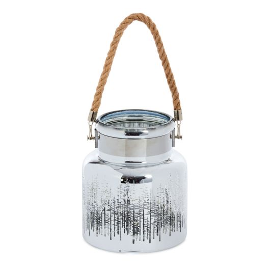 Silver Wonderland Glass Lantern with Rope Handle 20cm