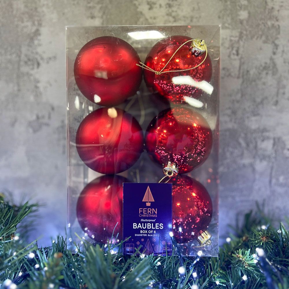 Fern Christmas Red 8cm Baubles - 6 Pack