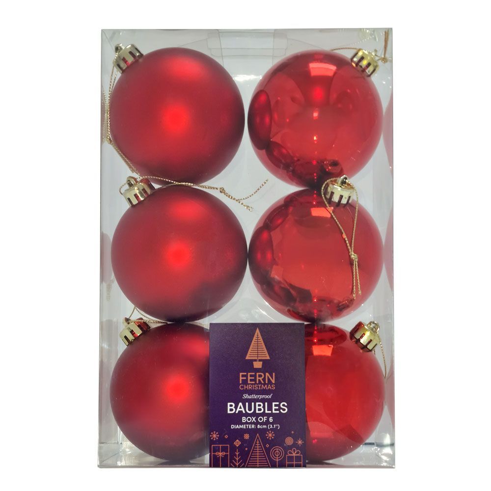 Fern Christmas Red 8cm Baubles - 6 Pack