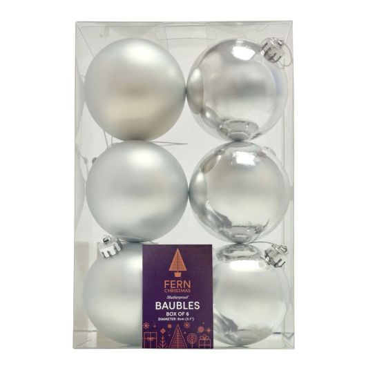 Fern Christmas Silver 8cm Baubles - 6 Pack