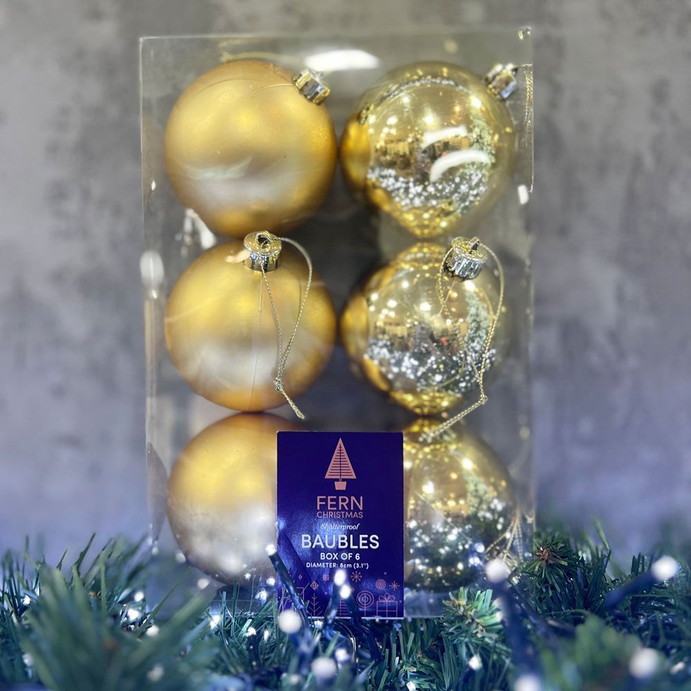 Fern Christmas Gold 8cm Baubles - 6 Pack