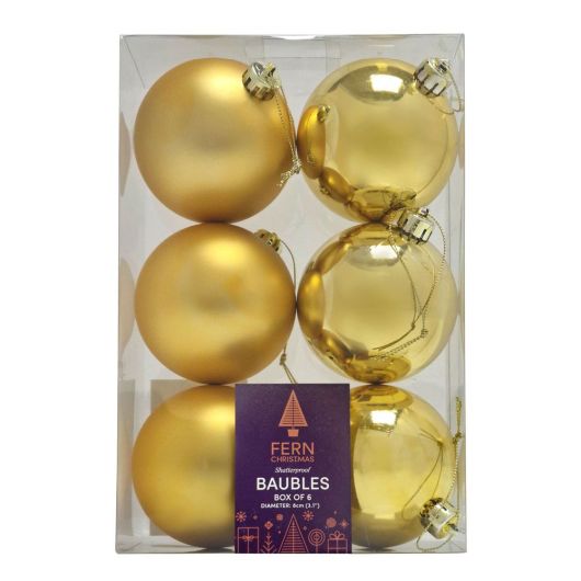 Fern Christmas Gold 8cm Baubles - 6 Pack