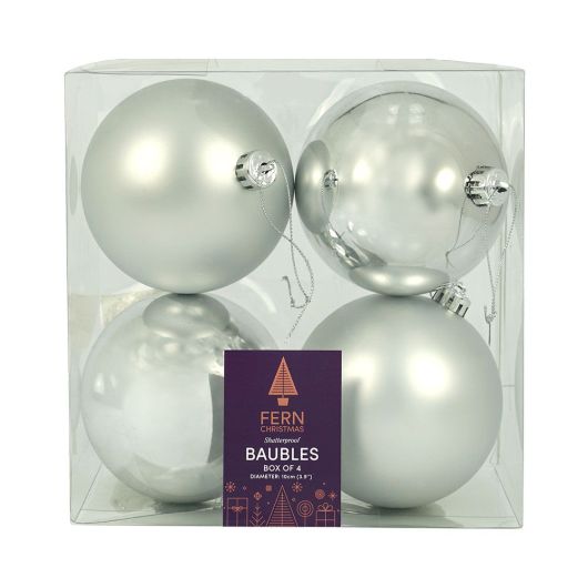 Fern Christmas Silver 10cm Baubles - 4 Pack