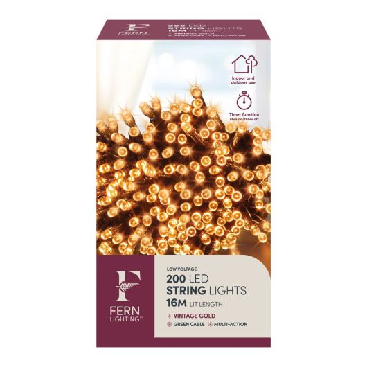 Fern Lighting 200 String Lights - Vintage Gold with timer - 16m