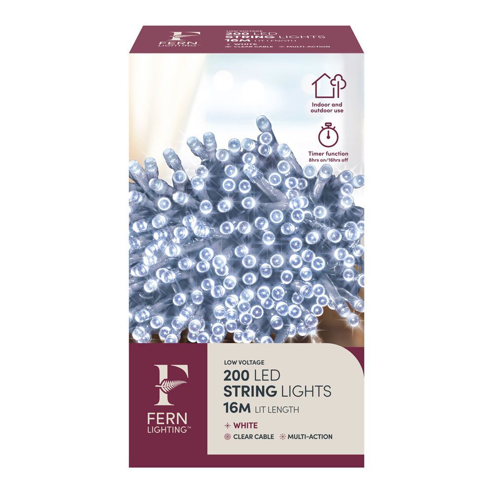 Fern Lighting 200 String Lights - White (Clear Cable) with timer -16m