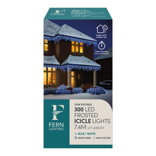 Fern Lighting 300 LED Icicle Lights - Blue & White (Clear Cable) with timer - 7.5m