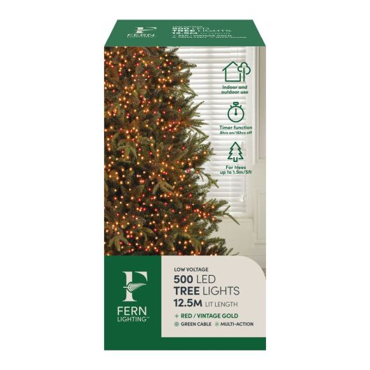 Fern Lighting 500 LED Tree Lights - Vintage Gold & Red with timer - 12.5m