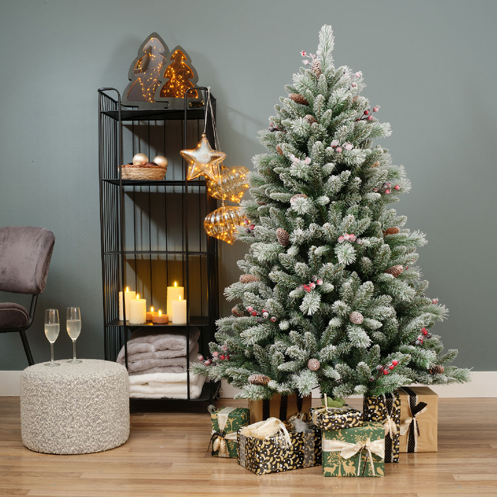 Artificial Snowy Windsor Spruce tree in modern room